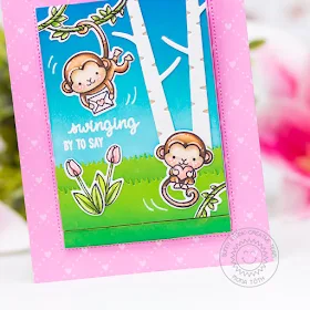 Sunny Studio Stamps: Love Monkey Sliding Window Dies Rustic Winter Monkey Themed Hello Card and Mona Toth