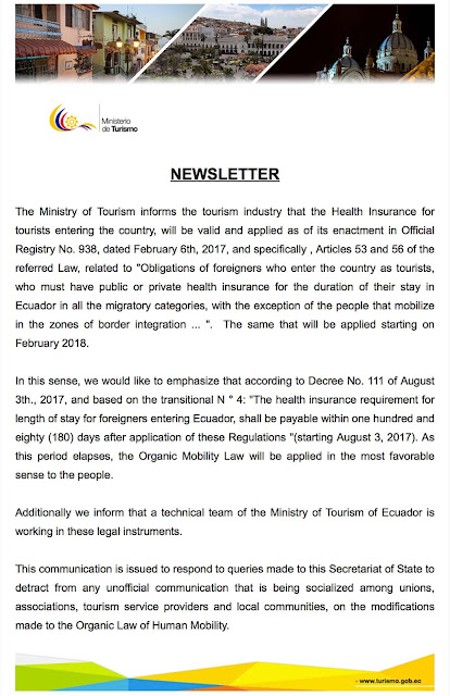 Requisito de Seguro de Salud para ingreso al Ecuador a partir de Febrero 2018