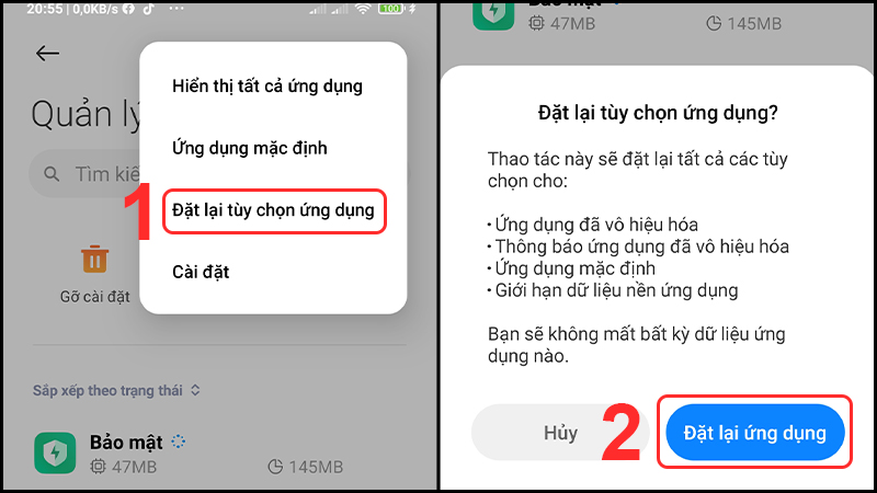 Tiến hành đặt lại ứng dụng