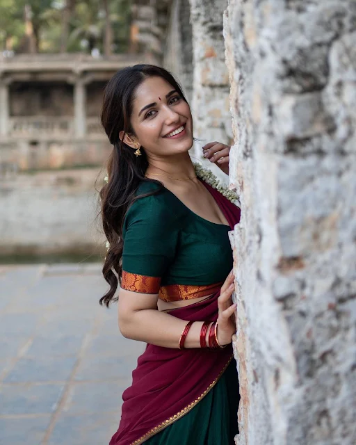 Ruhani Sharma Rings in the Festivities in Style with a Stunning Green and Maroon Half Saree