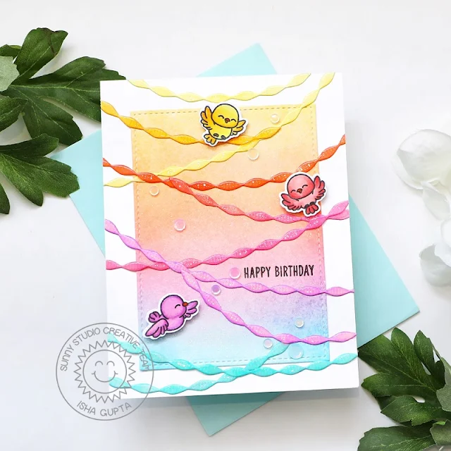 Sunny Studio Stamps: Crepe Paper Streamer Die Focused Birthday Card by Isha Gupta (featuring Little Birdie, Stitched Rectangle Dies)