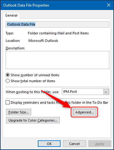 الخيار "متقدم" في "خصائص ملفات بيانات Outlook".