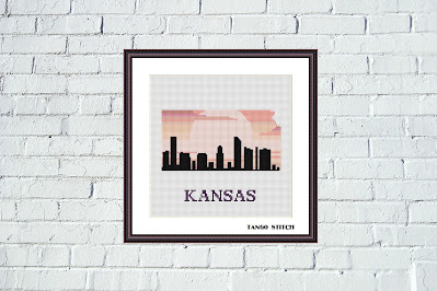 Kansas USA state map skyline sunset cross stitch pattern, Tango Stitch