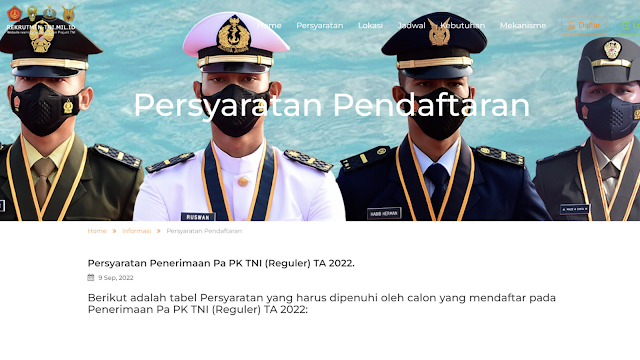 Rekrutmen Pendaftaran Pa PK TNI Reguler Tahun Anggaran 2022