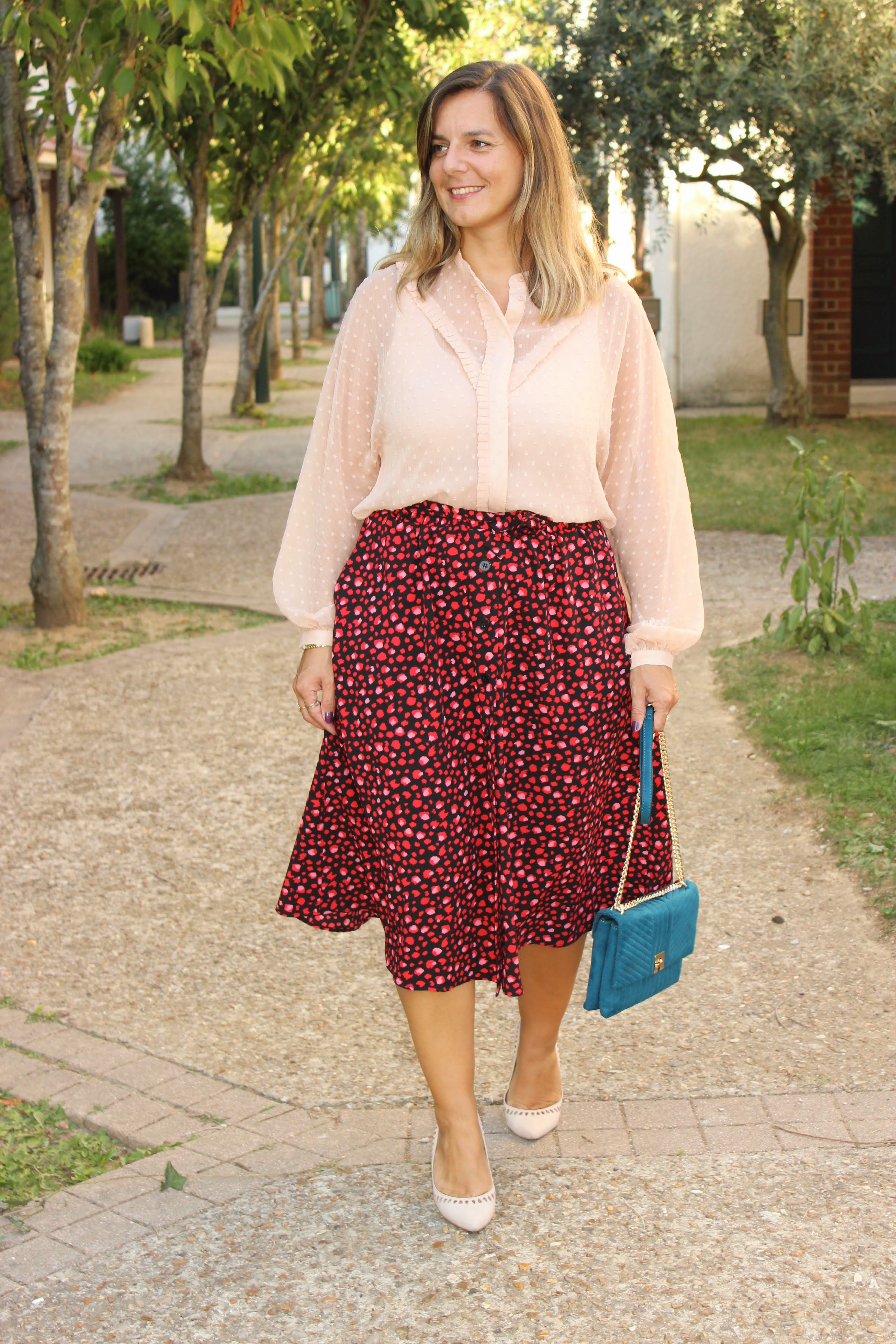 look du jour, jupe la redoute, color match rouge et rose, les petites bulles de ma vie