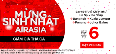 khuyến mãi 6 USD mừng sinh nhật Air Asia lần thứ 23