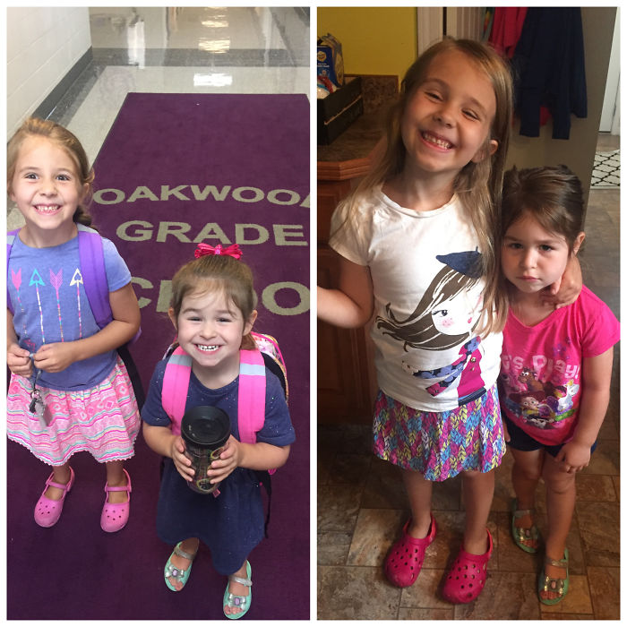 27 Hilariously Adorable Photos Of Children Before And After Their First Day Of School