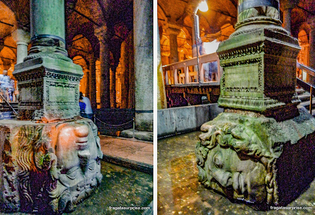 Cabeças de Medusa servem de base a duas colunas da Cisterna da Basílica, em Istambul