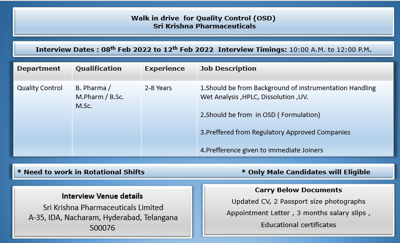 Job Availables,Sri Krishna Pharmaceuticals Limited Walk-In-Interview For BSc/ MSc/ B.Pharm/ M.Pharm