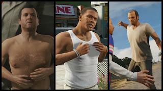 Screenshots of GTA's three playable characters