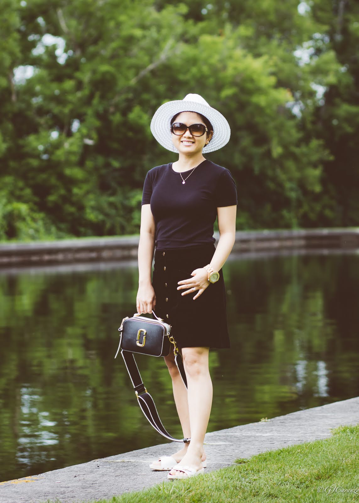 button down corduroy skirt from simons canada_marc jacobs sure shot bag_straw hat_coach bleeker sandals in white_mango ribbed top_gucci sunglasses