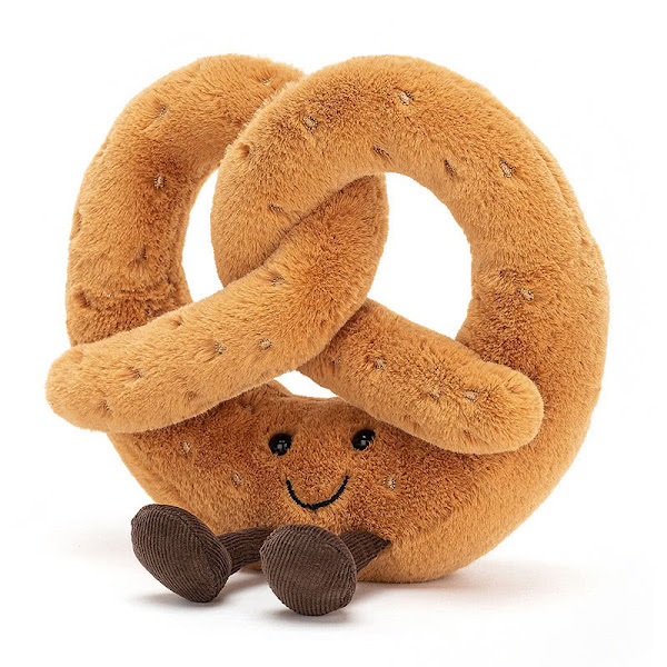 Jellycat Amuseable Pretzel - one of Jellycat's truly inspired designs this little pretzel comes with golden brown fur, speckled with stitched salt spots, little brown cordy feet and a cute, mischievous smile!