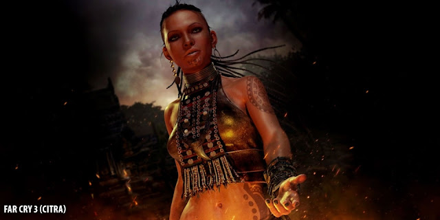 Portrait of the character Citra Talugmai from Far Cry 3, showcasing her tribal tattoos, attire, and adornments as she extends her hand against a dark, fiery background.