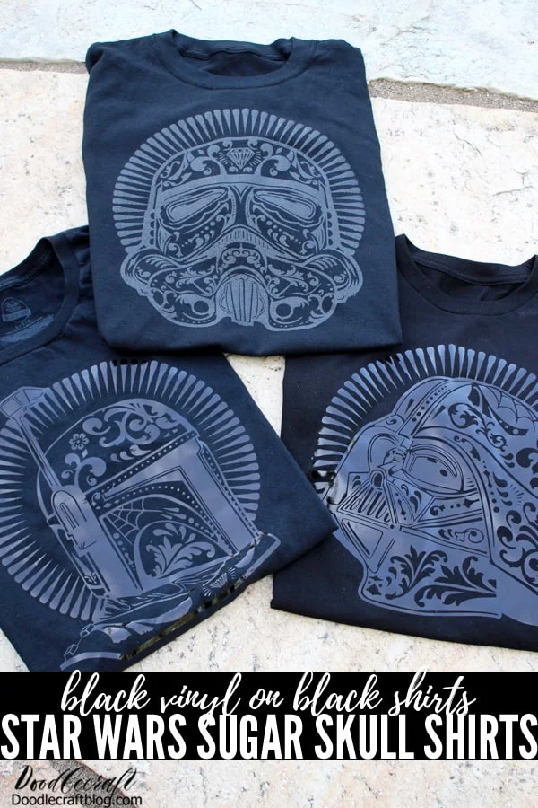 Star Wars Sugar Skull Shirts with Cricut! The best combination is Star Wars and Halloween! Make an amazing shirt for any day of the week featuring these fun Sugar Skull designs from Cricut. These shirts look extra amazing because I used black iron-on vinyl on black shirts. They are subtle but stand-out!