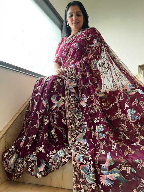 Wine Elegance: The Artistry of Hand-Embroidered Parsi Gara Sarees