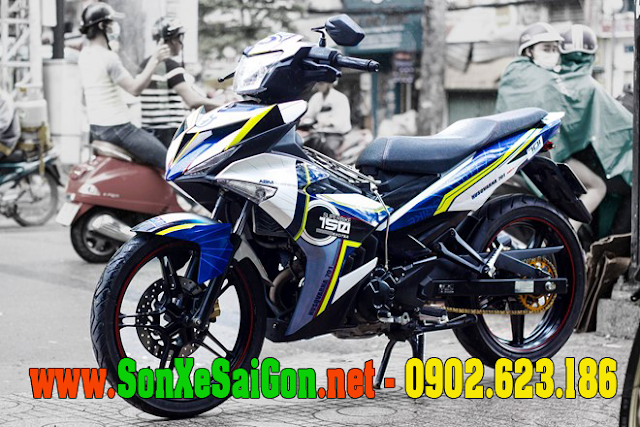 Sơn tem đấu xe Exciter 150 màu vàng trắng xanh cực đẹp