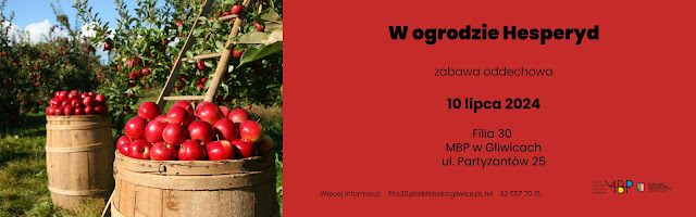 Baner promujący zajęcia. Po lewej stronie kosze pełne jabłek.