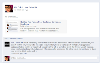 Max Factor facebook feedback complaint