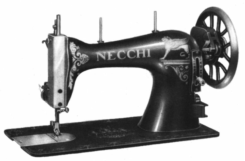 Side view of an early Necchi sewing machine from the 1920s.