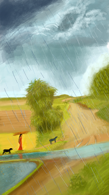 Homeward Bound: Woman and Cattle Journey Home Amidst Gathering Raindrops