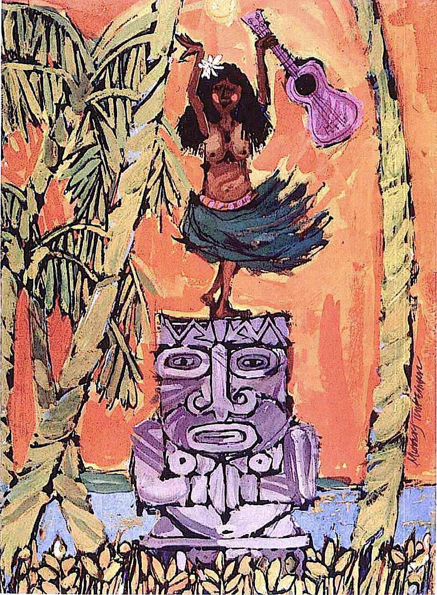 a Murray Tinkelman Tiki style illustration of a dancing Island woman