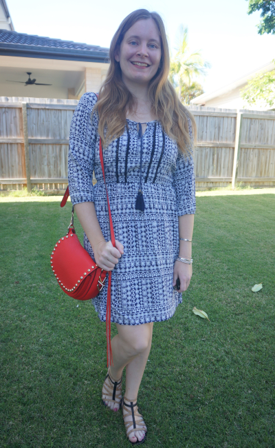 boho tile print dress with sandals red saddle bag summer outfit | awayfromblue