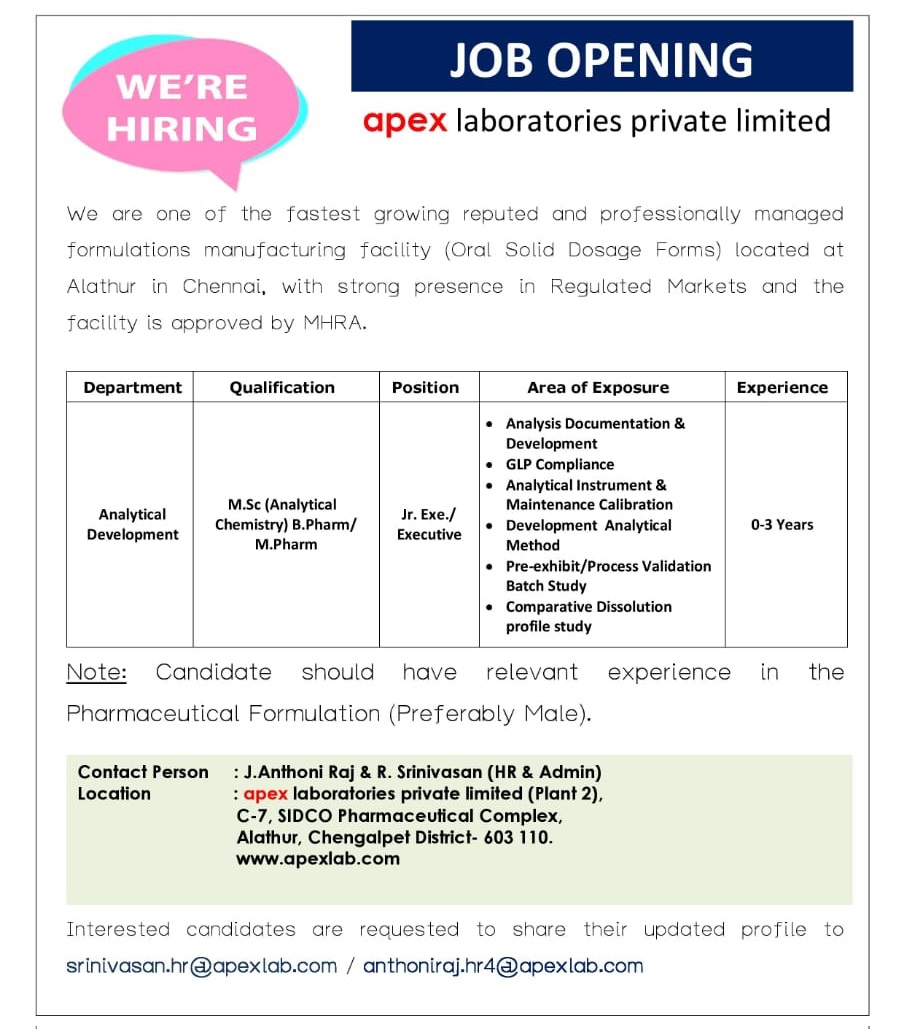 Job Availables,Apex Laboratories Private Limited Job Vacancy For MSc Analytical Chemistry/ B.Pharm/ M.Pharm