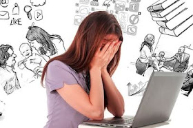 Photo and drawing of a woman at a laptop computer, covering her eyes with her hands, looking sad and shocked