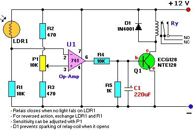 Light Dark Sensor With Relay Circuit Using LM741 Light Dark Sensor With Relay Circuit Using LM741