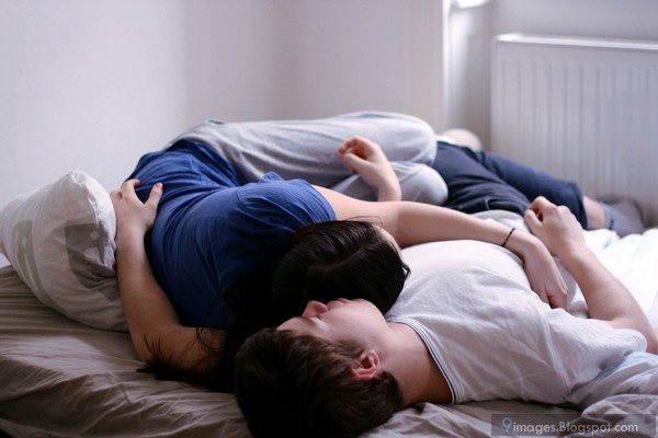 Cute, hug, sleeping, couple, bed, love