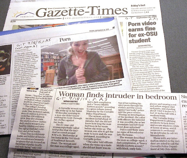 Oregon State University library flasher on front page 9/18/15 and sexual assault on p. A3