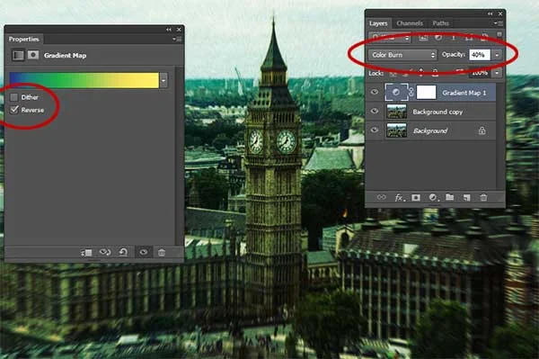 Check “Reverse” in the Gradient Map adjustment. Change its blend mode to Color Burn and set its Opacity to 40%.