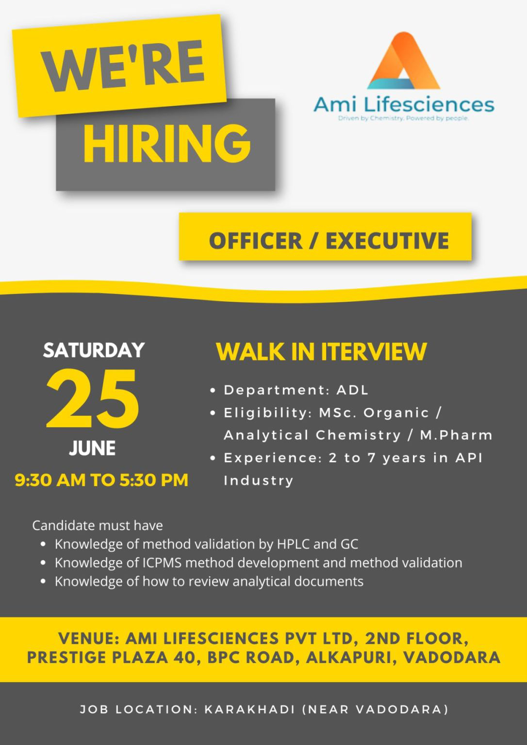 Job Available's for Ami Lifesciences Walk-In Interview for MSc Analytical Chemistry/ Organic Chemistry/ M Pharma