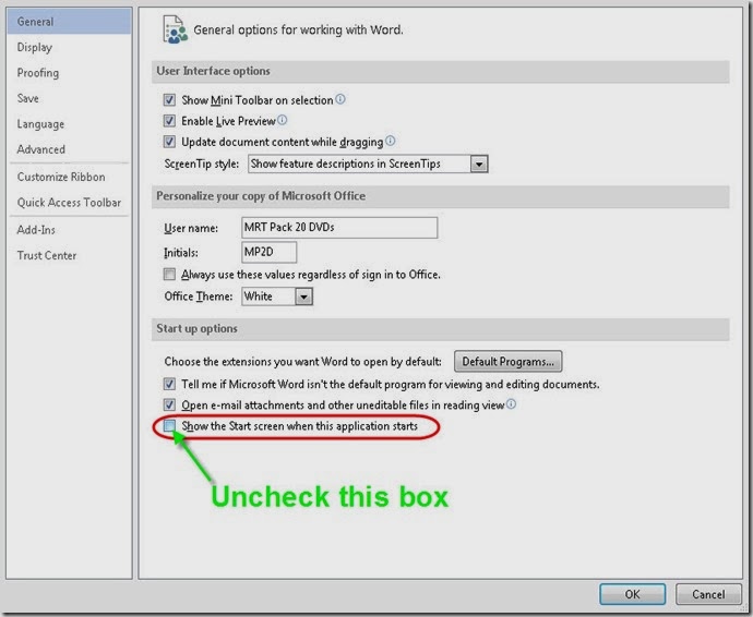 Disable start screen for select template in office 2013 -2