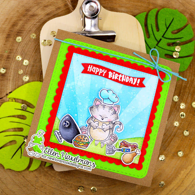 Birthday BBQ Card by Ellen Haxelmans | Dad's BBQ Stamp Set, Newton's Thanksgiving Stamp Set, Sunscape Stencil, Land Borders Die Set and Frames Squared Die Set by Newton's Nook Designs #newtonsnook