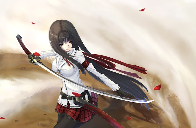    girl female anime black eyes black hair gloves katana kikivi long hair original petals sword weapon HD Wallpaper Backgrounds Image Photo Picture d34.