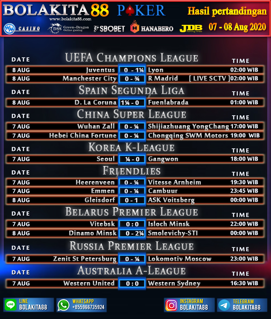 Jadwal Pertandingan Sepak Bola 07 - 08 Agustus 2020 ...