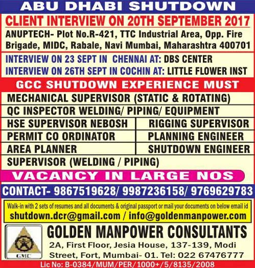 Chennai Interviews, HSE Jobs, Kochi Interviews, Mechanical Jobs, Mumbai Interviews, Oil & Gas Jobs, Piping Jobs, QA/QC Jobs, Shutdown Jobs, Welding Jobs, Gulf Jobs Walk-in Interview, Golden Manpower Consultants