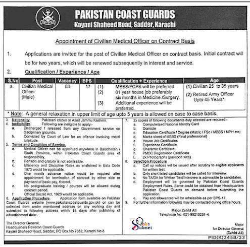Latest Pakistan Coast Guards Civilian Medical Officer Posts Karachi 2024