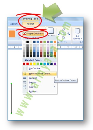 Gambar: Memilih warna garis melalui ribbon Microsoft Word 2007