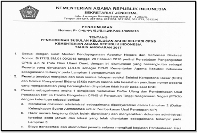 Pengumuman Susulan Kelulusan Akhir Seleksi CPNS Kemenag RI Tahun Anggaran 2017