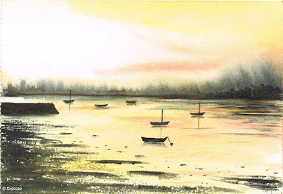 Soleil couchant à l'aquarelle avec quelques barques