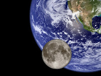 Images of the Earth and the Moon. Earth is blue and white, with clouds swirling above its surface. The moon is gray and cratered.