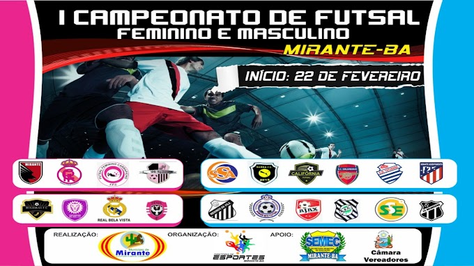 MIRANTE:  Vem aí,1° Campeonato Municipal de Futsal Masculino e Feminino; Início da competição acontece no próximo dia 22 de Fevereiro.