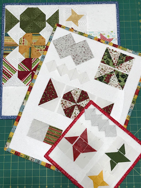 Demo Boards Displaying Step Outs of the Peppermint Candies & Twinkle Stars Block For A Scrappy Happy Holidays Mystery Sew Along by Thistle Thicket Studio. www.thistlethicketstudio.com