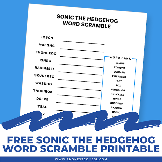 Free Sonic the Hedgehog printable word scramble game