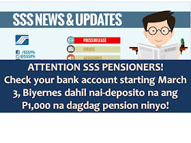 Is you or you parents a pensioner of SSS? Well, the long wait is over because, starting March 3, 2017, Friday, SSS retirees may withdraw in their bank accounts the additional P1,000 in their pension.  SSS released around P2 billion for its pensioner for the month of January after P1,000 pension hike is approved.