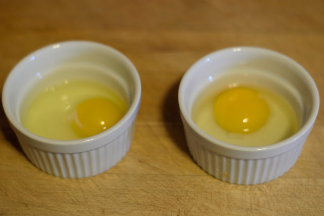 The eggs in ramekins, coming to room temperature.  