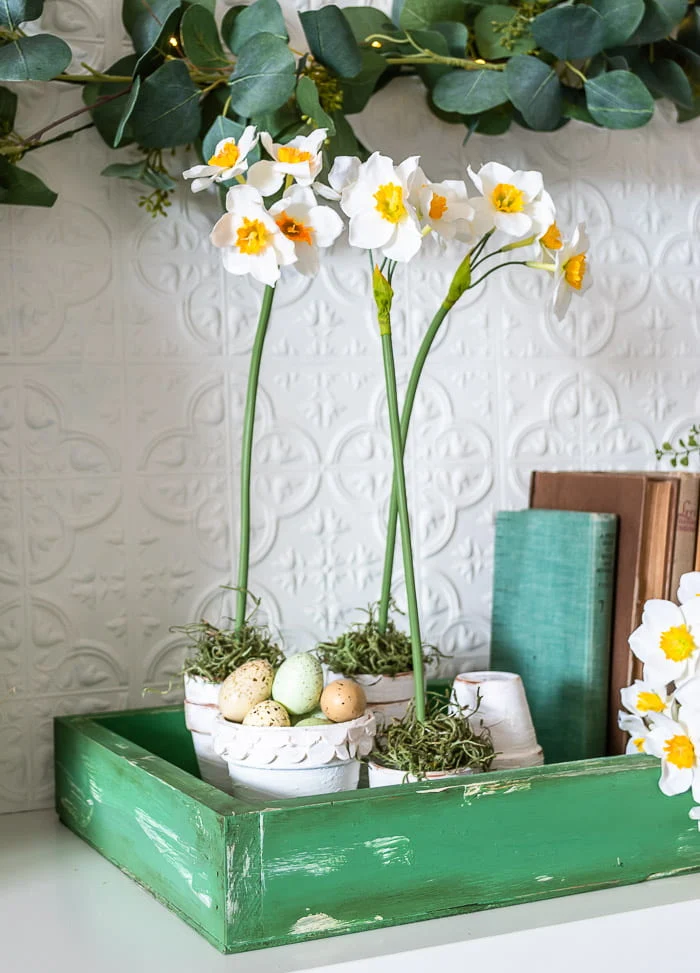daffodils, green crate, eggs, vintage books