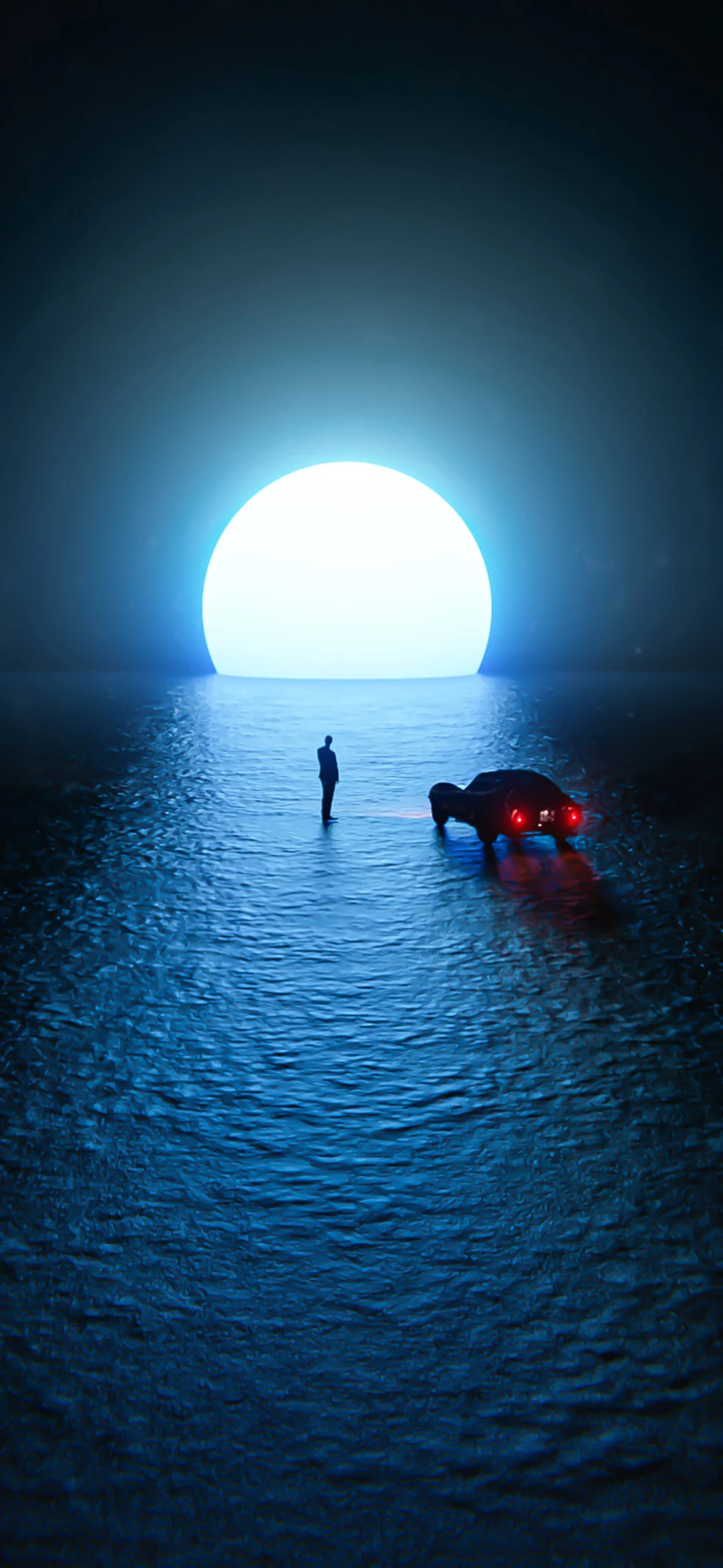 A surreal iPhone wallpaper depicting a lone figure and a vintage car bathed in the glow of an enormous moon rising on the horizon over a calm sea.